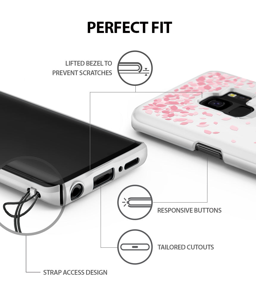 Galaxy S9 Case | Slim (Cherry Blossom) - Diagram highlighting lifted bezel, responsive buttons, cutouts, and strap access.
