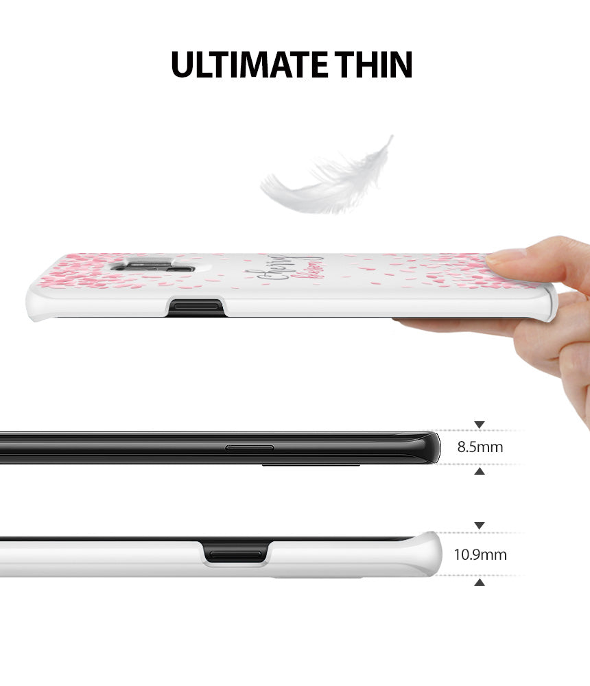 Galaxy S9 Plus Case | Slim (Cherry Blossom) - Side-by-side comparison showing a phone case's 10.9mm thickness vs 8.5mm.