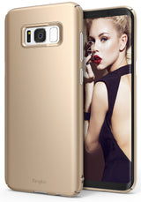 Galaxy S8 Plus Case | Slim - Royal gold slim phone case showing the back camera cutout and a woman on the screen.