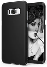 Galaxy S8 Plus Case | Slim - Matte black protective phone case shown from the back and front with a woman on the screen.