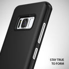 Galaxy S8 Plus Case | Slim - Matte black phone case with silver camera bezel and side buttons, text reads STAY TRUE TO FORM.