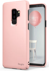 Galaxy S9 Plus Case | Slim - Pastel pink slim phone case on a Galaxy S9 Plus showing the back camera and front screen.