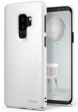 Galaxy S9 Plus Case | Slim - White slim-fit phone case on a Galaxy S9 Plus showing the back camera cutout and front screen.