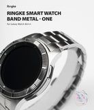 Galaxy Watch 46mm | Metal One Band - Close-up of a silver metal watch band attached to a Galaxy Watch with a textured bezel.