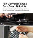 Ringke USB 3 C to A OTG Adapter - A USB-C to USB-A adapter connecting a phone in a car and earphones to a computer tower.