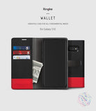 Galaxy S10 Case | Wallet - Black and red leather wallet case for Galaxy S10 with card slots, cash pocket, and phone mount.
