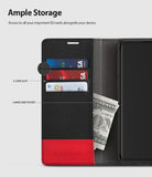 Galaxy S10 Case | Wallet - Black and red leather wallet case with three card slots and a side pocket holding cash.