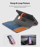 Galaxy S10 Case | Wallet - Navy and brown wallet case with a velcro fastener to secure the phone cover while in use.