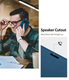 Galaxy S10 Case | Wallet - Man talking on a blue wallet phone case with a dedicated speaker cutout for clear calls.