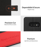 Galaxy S10e Case | Wallet - Features magnetic clasp, precise camera cutouts, and textured red and black leather finish.