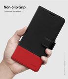 Galaxy S10e Case | Wallet - A hand holds a black and red leather wallet case for a Galaxy S10e with a magnetic strap.