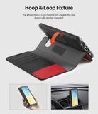 Galaxy S10e Case | Wallet - Black and red wallet case with a Velcro fastener to secure the phone cover while in use.
