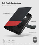 Galaxy S10e Case | Wallet - Black and red leather wallet case with magnetic clasp and shock-proof interior pattern.