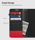 Galaxy S10e Case | Wallet - Black and red wallet case with three card slots and a large side pocket holding cash.
