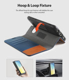 Galaxy S10e Case | Wallet - Navy and brown wallet case with a Velcro fastener to secure the phone cover while in use.