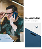 Galaxy S10e Case | Wallet - Man talking on a blue wallet phone case with a close-up highlighting the speaker cutout.