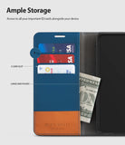 Galaxy S10e Case | Wallet - Blue and brown wallet case with three card slots and a side pocket holding cash and cards.