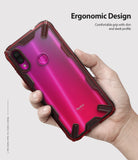 Redmi Note 7 / 7 Pro Case | Fusion-X - Hand holding a ruby red Redmi Note 7 in a rugged, transparent Fusion-X case.