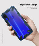 Redmi Note 7 / 7 Pro Case | Fusion-X - Hand holding a blue Redmi Note 7 in a rugged, transparent blue Fusion-X protective case.