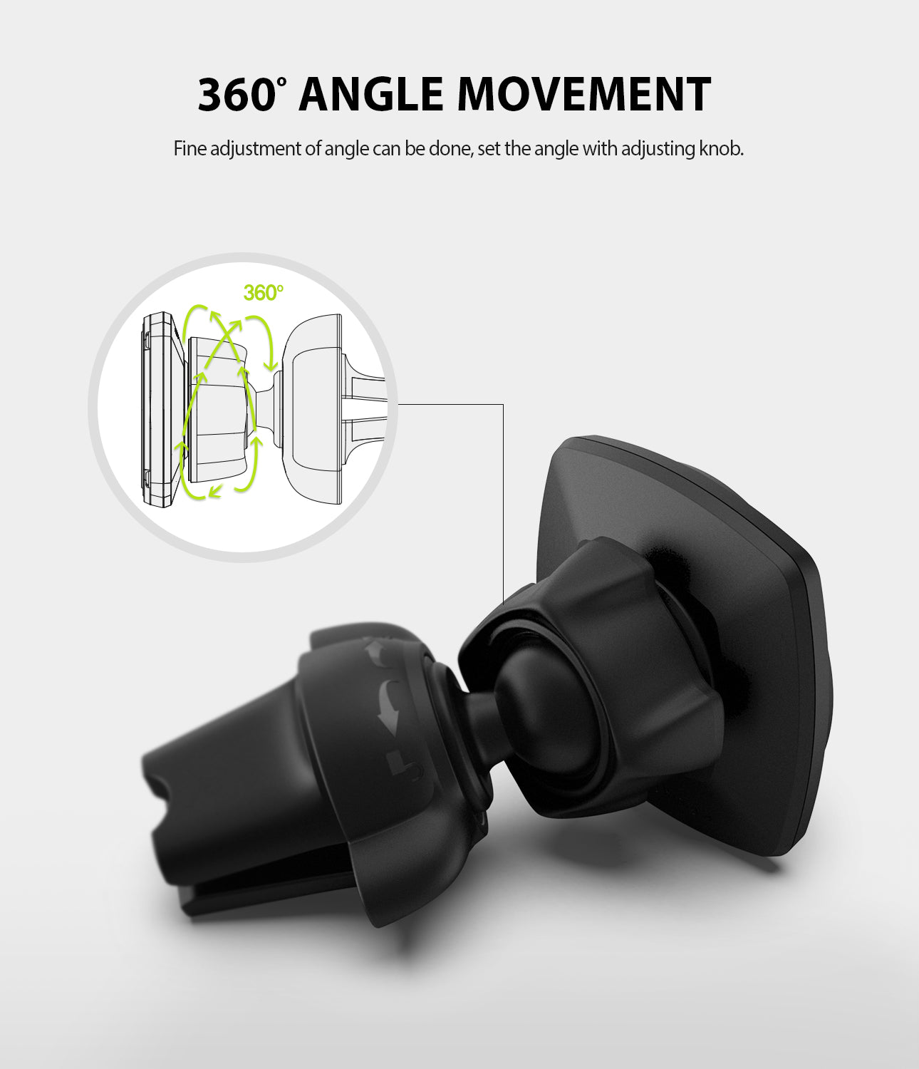 Power Clip Air Vent Car Mount [2 in 1] - Black car mount with a ball joint for 360-degree rotation and adjustment knob.