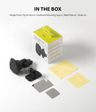 Power Clip Air Vent Car Mount [2 in 1] - Box contents including magnetic mount, dashboard base, metal plates, and stickers.