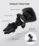 Power Clip Air Vent Car Mount [2 in 1] - Exploded view of car mount parts with labels for knobs, clips, and ball head.