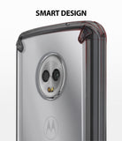 Moto G6 Case | Fusion - Close-up of a smoke black phone case showing reinforced corner bumpers and a wireframe design overlay.