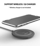 iPhone XS Case | Fusion - Clear iPhone XS case hovering above a gray Ringke wireless charging pad on a white background.