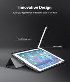 Smart Cover Clear Slim Stand | iPad - iPad in a protective case with a built-in Apple Pencil holder and storage slot.