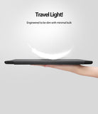 Smart Cover Clear Slim Stand | iPad - A hand holds a slim, dark gray iPad case with a glowing white feather floating above it.