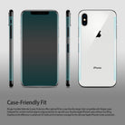 iPhone X Screen Protector | Invisible Defender - Front, side, and back views of an iPhone X with a screen protector.