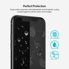 iPhone X Screen Protector | Invisible Defender - Smartphone screen with water droplets and icons for anti-fingerprint, hydrophobic, and touch sensitivity.