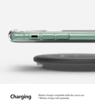 iPhone 11 Case | Air - A green iPhone 11 in a clear case hovering above a black wireless charging pad.
