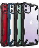 iPhone 11 Case | Fusion-X - Four iPhone 11 phones in red, blue, green, and purple cases with rugged black protective bumpers.