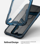 iPhone 11 Case | Fusion-X - Blue rugged TPU bumper case with a clear back panel floating above an iPhone 11.