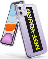 iPhone 11 Case | Fusion Design - Clear phone case with a black vertical stripe and yellow NOT YOURS text on a purple iPhone 11.