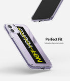 iPhone 11 Case | Fusion Design - Clear iPhone 11 case with precise cutouts, showcasing a phone with a black and yellow "NOT YOURS" graphic.