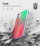 iPhone 11 Case | Fusion Design - Clear phone case with gradient back and text, shown hitting rocky ground with debris.