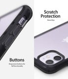 iPhone 11 Case | Fusion - Close-up of responsive side buttons and raised camera lens protection on a smoke black phone case.