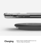 iPhone 11 Pro Case | Air - Side view of a clear iPhone case hovering above a black wireless charging pad.