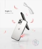 iPhone 11 Pro Case | Air - Clear and smoke-black phone cases floating with pink flower petals on a white background.