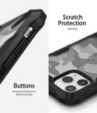 iPhone 11 Pro Case | Fusion-X Design - Close-up of camo phone case showing responsive side buttons and raised camera protection.