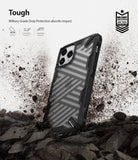 iPhone 11 Pro Case | Fusion-X Design - Black patterned phone case standing on rocky ground amidst a dust explosion.