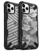 iPhone 11 Pro Case | Fusion-X Design - Two iPhone 11 Pro cases with black rugged bumpers and striped or camo back patterns.