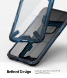iPhone 11 Pro Case | Fusion-X - Two pieces of a blue, rugged, transparent phone case floating against a white background.