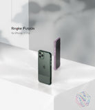 iPhone 11 Pro Case | Fusion - Two iPhone 11 Pro phones in clear cases, one green and one purple, standing on a white surface.
