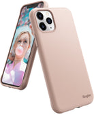 iPhone 11 Pro Max Case | Air-S - Pink sand matte phone case showing the back and screen with a woman blowing bubblegum.