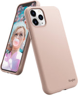iPhone 11 Pro Max Case | Air-S - Pink sand matte phone case showing the back and screen with a woman blowing bubblegum.