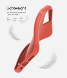 iPhone 11 Pro Max Case | Air-S - A coral-colored, slim phone case floating amidst white feathers with text highlighting its lightweight design.