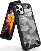 iPhone 11 Pro Max Case | Fusion-X Design - Black rugged case with a clear, grey camouflage back pattern on an iPhone.